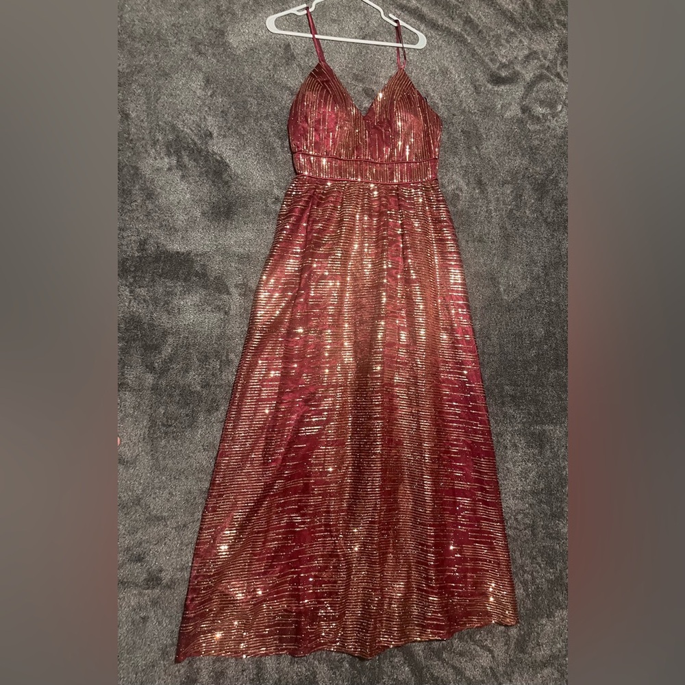 Crystal Doll Maroon/Red Formal Dress with Gold Sequin Pattern